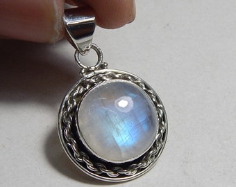 925 Sterling Silver Designer Pendant 14mm Round Shape Cabochon Rainbow Moonstone Pendant, Unique Design Pendant.
