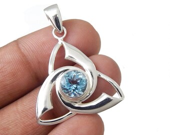 Blue Topaz Pendant: 925 Sterling Silver, Unique Design, 8mm Faceted Gemstone