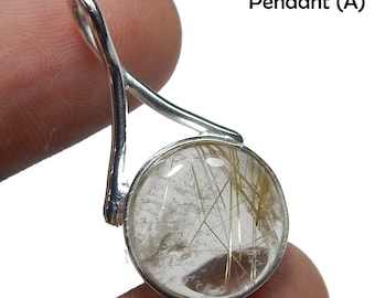Golden Rutile Cabochon Pendant: 925 Sterling Silver, 14mm Round