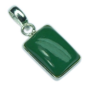 May include: A rectangular green pendant with a silver-coloured bail. The pendant has a glossy finish and a silver-coloured border. The bail is a loop for attaching to a chain. Jewellery.