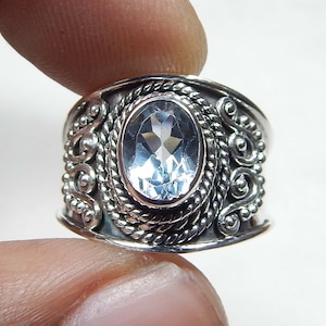 Blue Topaz Silver Ring, 6x8mm Oval Shape Faceted Gemstone Ring, 925 Stamp Sterling Silver Handcrafted Designer Ring Jewelry. SALE