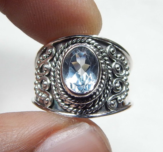 Blue Topaz Bead and Rope Design Ring Handmade Sterling Silver Blue Topaz Bead and Rope Design Ring Handmade Sterling Silver