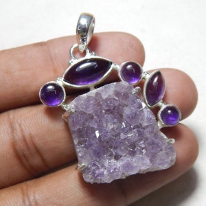 925 Sterling Silver Pendant Mix Shape Cabochon Amethyst Druzy Pendant, Rough Amethyst Druzy Silver Pendant. SALE