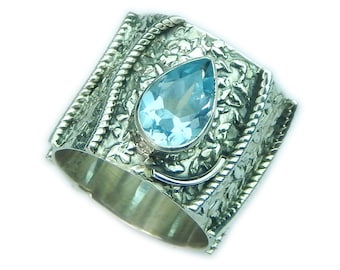 Pear Faceted Blue Topaz Ring, Designer Blue Topaz Ring, Wide Band Blue Topaz Ring, Unique Blue Topaz Silver Ring, 925 Sterling Silver Ring.