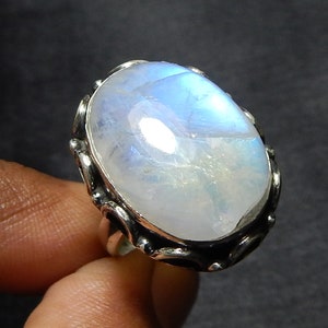 Big Oval 15x20mm Blue Fire Natural AAA Quality Rainbow Moonstone 925 Sterling Silver Designer Handmade Ring.