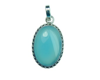 Aqua Chalcedony Pendant, Natural Aqua Chalcedony Pendant, Oval Aqua Chalcedony Pendant, Cabochon Chalcedony 925 Sterling Silver Pendant.