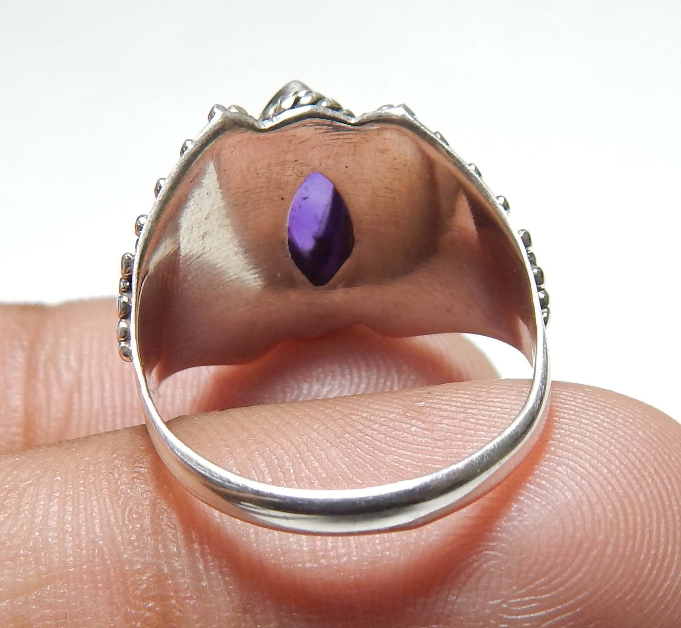 Bague En Argent 925 Avec Améthyste Naturelle - Taille 57 - Cabochon Violet - Style Oriental - Neuf Avec étiquettes