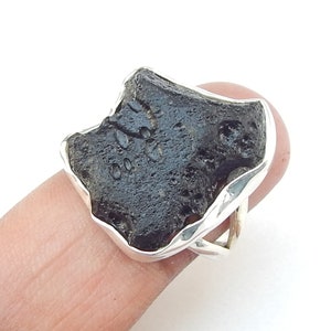 Natural Rough Black Tektite Meteorite Stone 925 Sterling Silver Ring For Men & Women. Handmade Rough Stone Ring Jewelry.