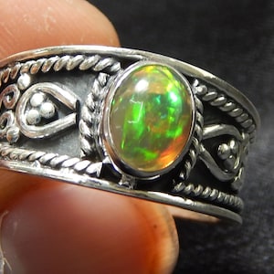 Natural Ethiopian Opal Silver Ring, 7x9mm Oval Shape Opal Gemstone Ring, 925 Sterling Silver Opal Ring. Size 10.5 US