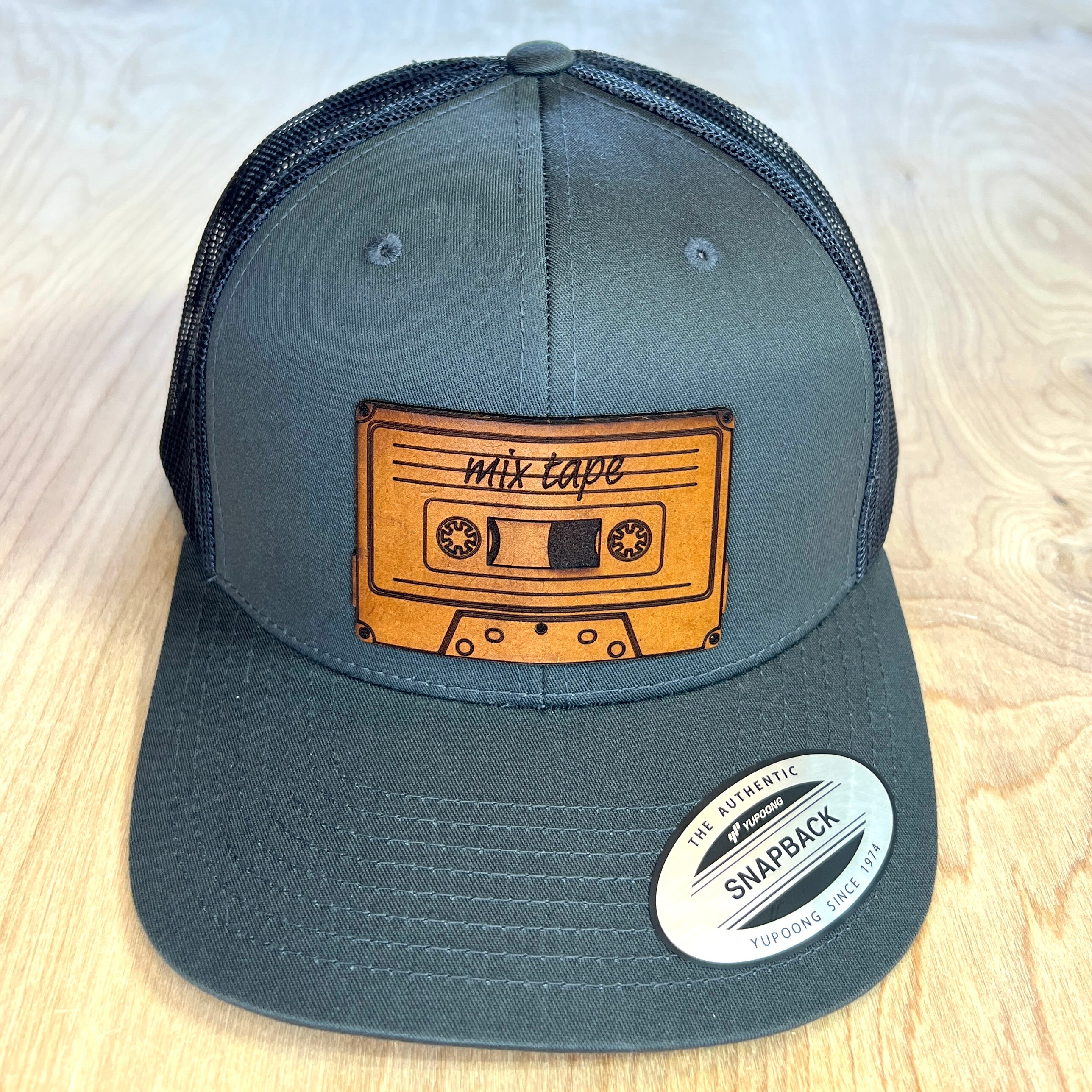 Mix Tape Cassette Hat | 80&#39;s Retro Hat | Leather Patch Trucker Style Hat for Men and Women | Retro Apparel | Adjustable Snapback