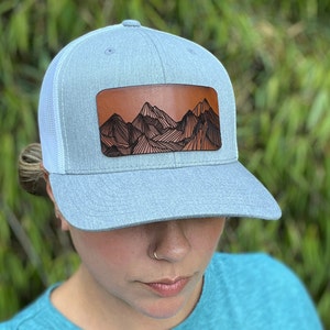 Mountain Range Hat | Leather Patch Trucker Style Hat for Men and Women | Hiking Outdoor Apparel | Adjustable Snapback