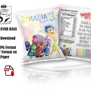 May include: A white party favor bag with a design featuring characters from the movie Inside Out. The bag has the text "ATHALIA 3 TURNS" on the front and "INSIDE OUT 2" on the back. The back of the bag also has the text "Thank you for coming to my party. Your presence made my Birthday extra special!"