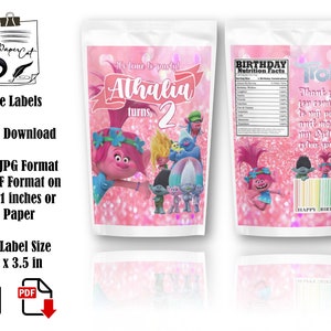 Trolls Birthday Juice Labels: Personalized Party Favors (Digital Download)