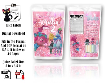 Trolls Birthday Juice Labels: Personalized Party Favors (Digital Download)
