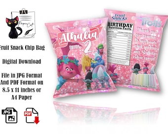 Trolls Fruit Snack Chip Bag: Birthday Party Favors (Digital Download)