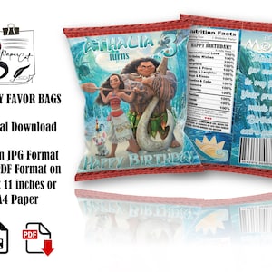 Chip Bag,  Printable Moana Chip Bag, Moana Birthday Theme, Moana loot Bag and Moana Party Favors
