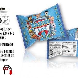May include: A blue and white ring pop label featuring Paw Patrol characters. The label says "Kaziel is turning 1" and includes a Paw Patrol logo. The label is 4.8 inches by 6.7 inches.