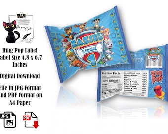 Paw Patrol Ring Pop Chip Bag, Birthday Party Favors (Digital File)