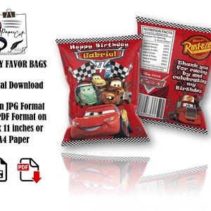 Printable Cars Labels, Cars Chip Bags, Lightning McQueen Party Loots and  Cars Party Favors