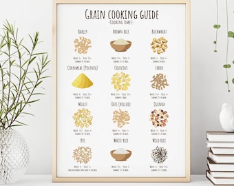 Grain cooking guide - Yields and cooking times - Infographic poster - Vegan protein sources - Digital download