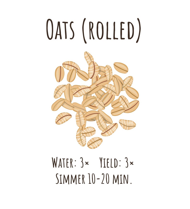 Op de afbeelding: Gerolde haver, een soort graan, wordt in een stapel getoond. De tekst "OATS (ROLLED)" staat boven de haver. Onder de haver staat de tekst "WATER: 3&times; YIELD: 3&times; SIMMER 10-20 MIN."