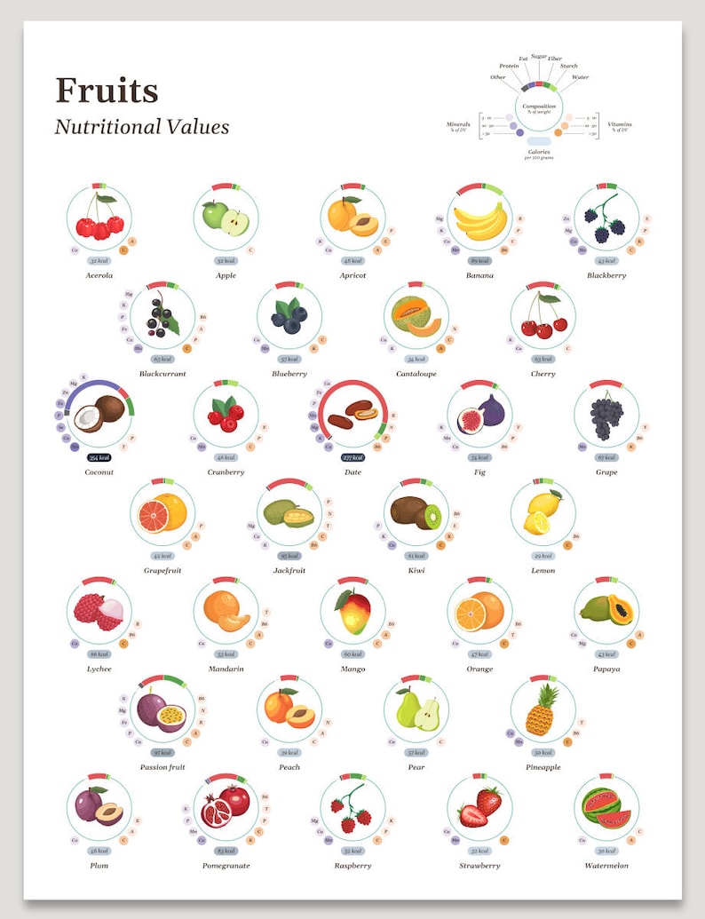 Fruits Nutrition Infographic Poster Vegan Guide Digital Etsy
