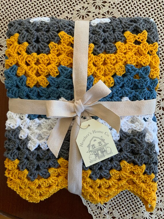 Cotton Blue and Gold Baby Blanket Natural Fiber Crochet Baby Boy Afghan for Sale Baby Shower Gift Ready to Ship Etsy