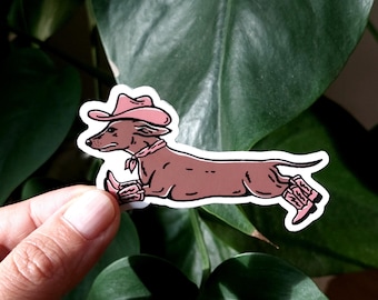 Cowboy Dachshund Vinyl Sticker 3" x 1.55", Western Art,