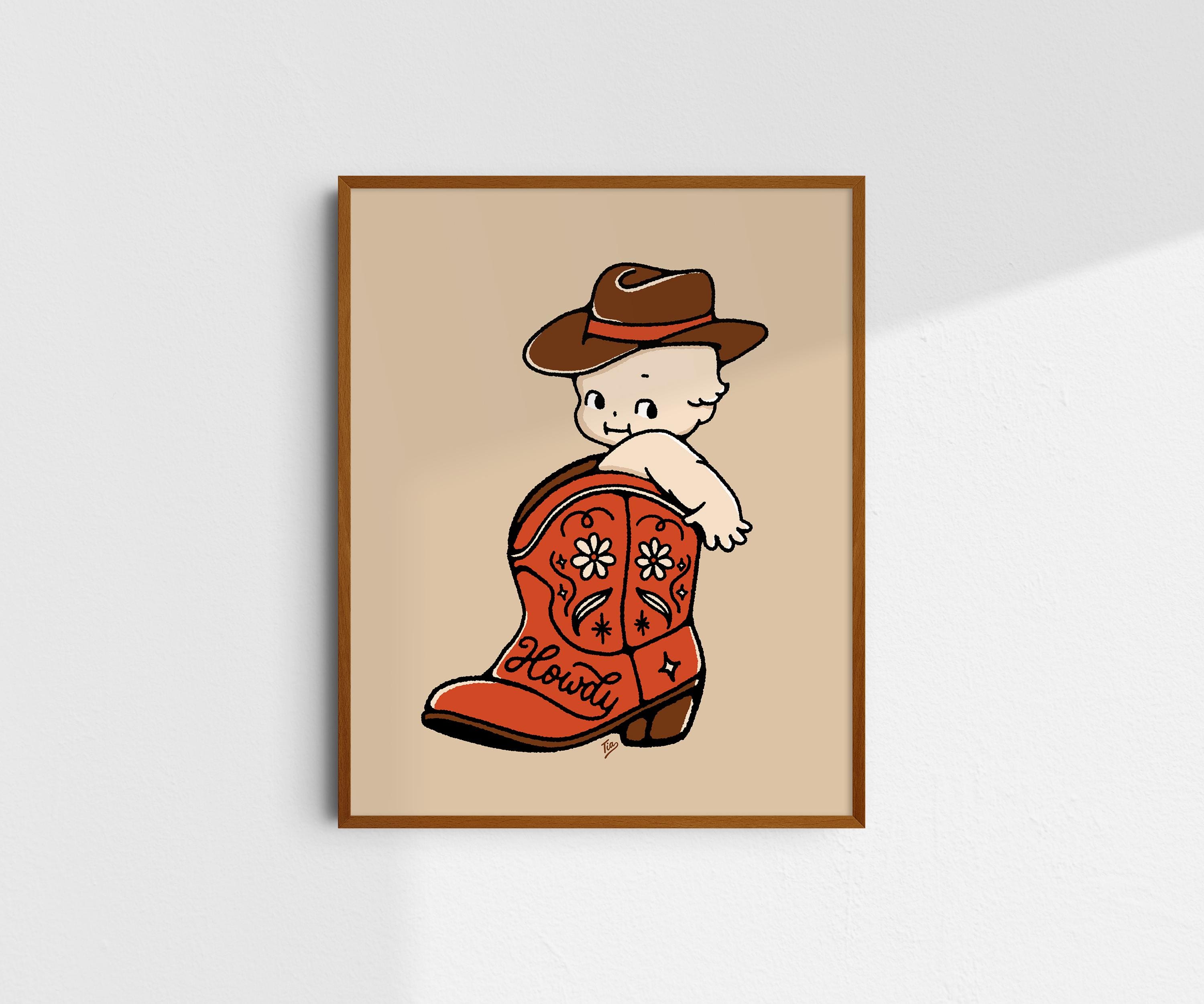 Cute Cowboy Kewpie Giclée Fine Art Print, Western Art Print, Vintage Art, Howdy Kewpie Print, Retro Wall Art Print, UNFRAMED