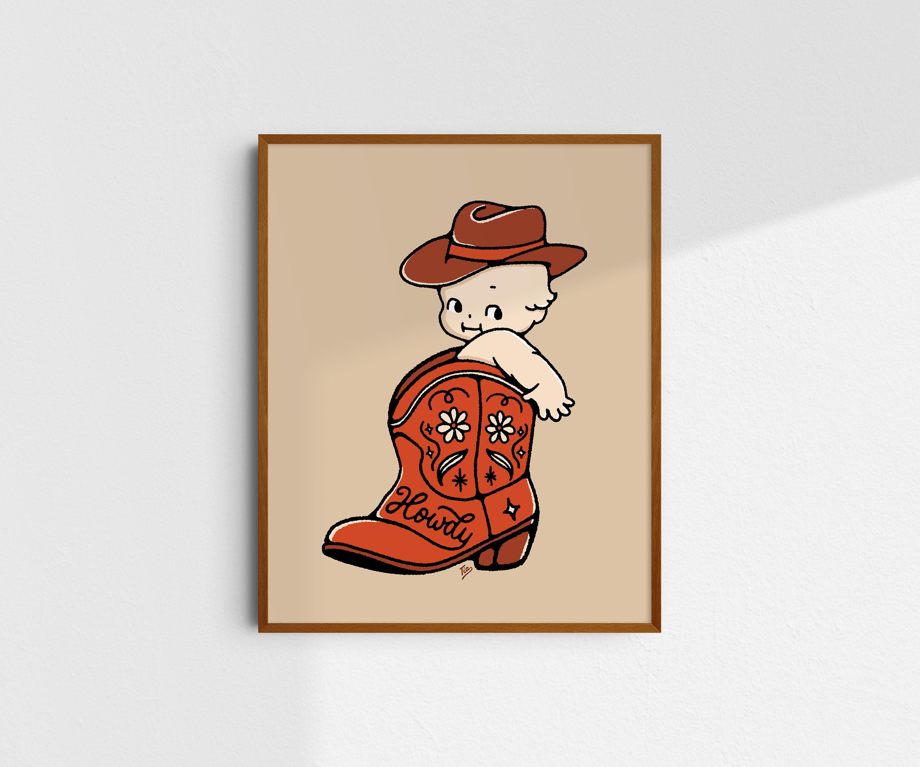 Cute Cowboy Kewpie Giclée Fine Art Print, Western Art Print, Vintage Art, Howdy Kewpie Print, Retro Wall Art Print, UNFRAMED