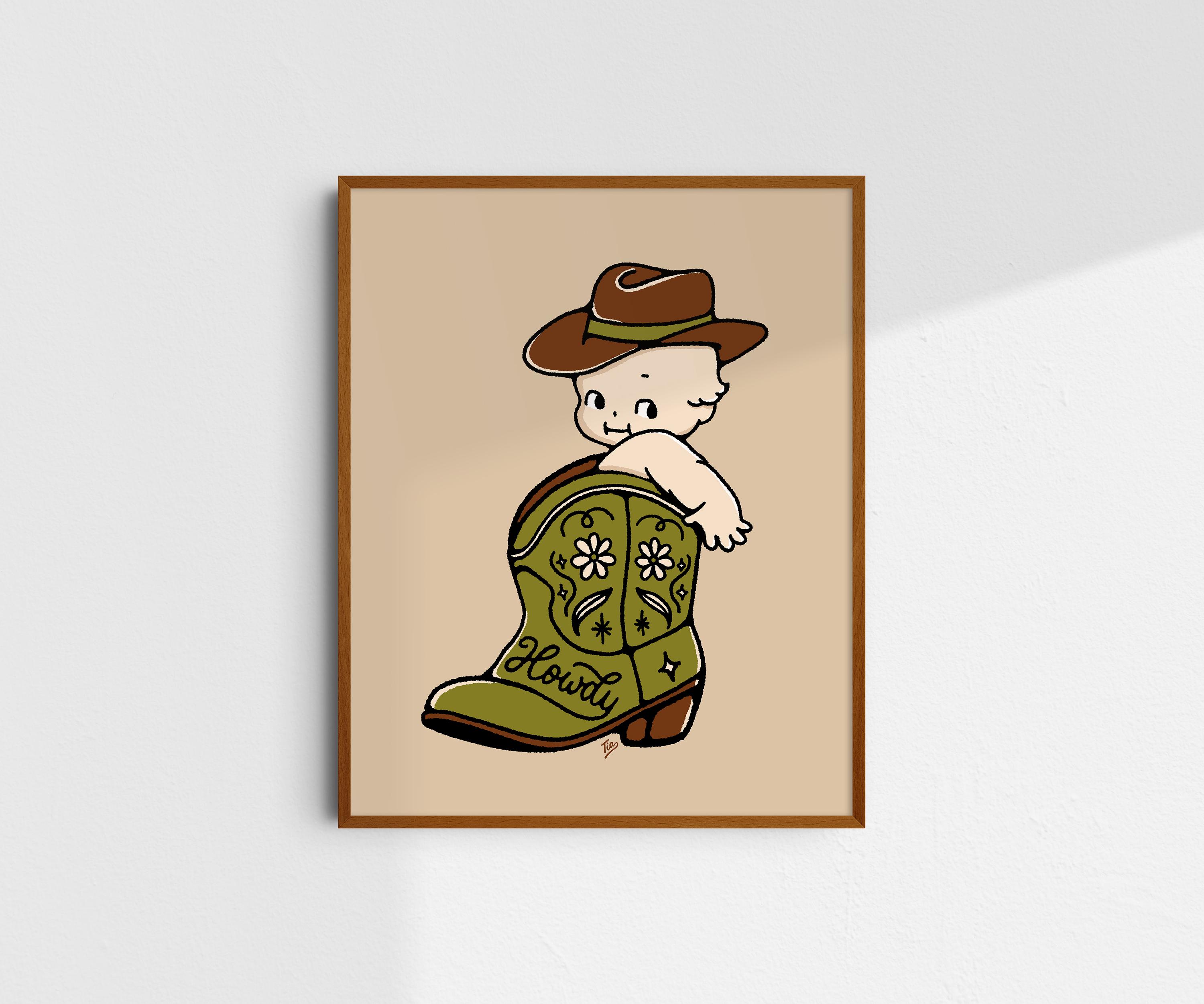 Cute Cowboy Kewpie Giclée Fine Art Print, Western Art Print, Vintage Art, Howdy Kewpie Print, Retro Wall Art Print, UNFRAMED