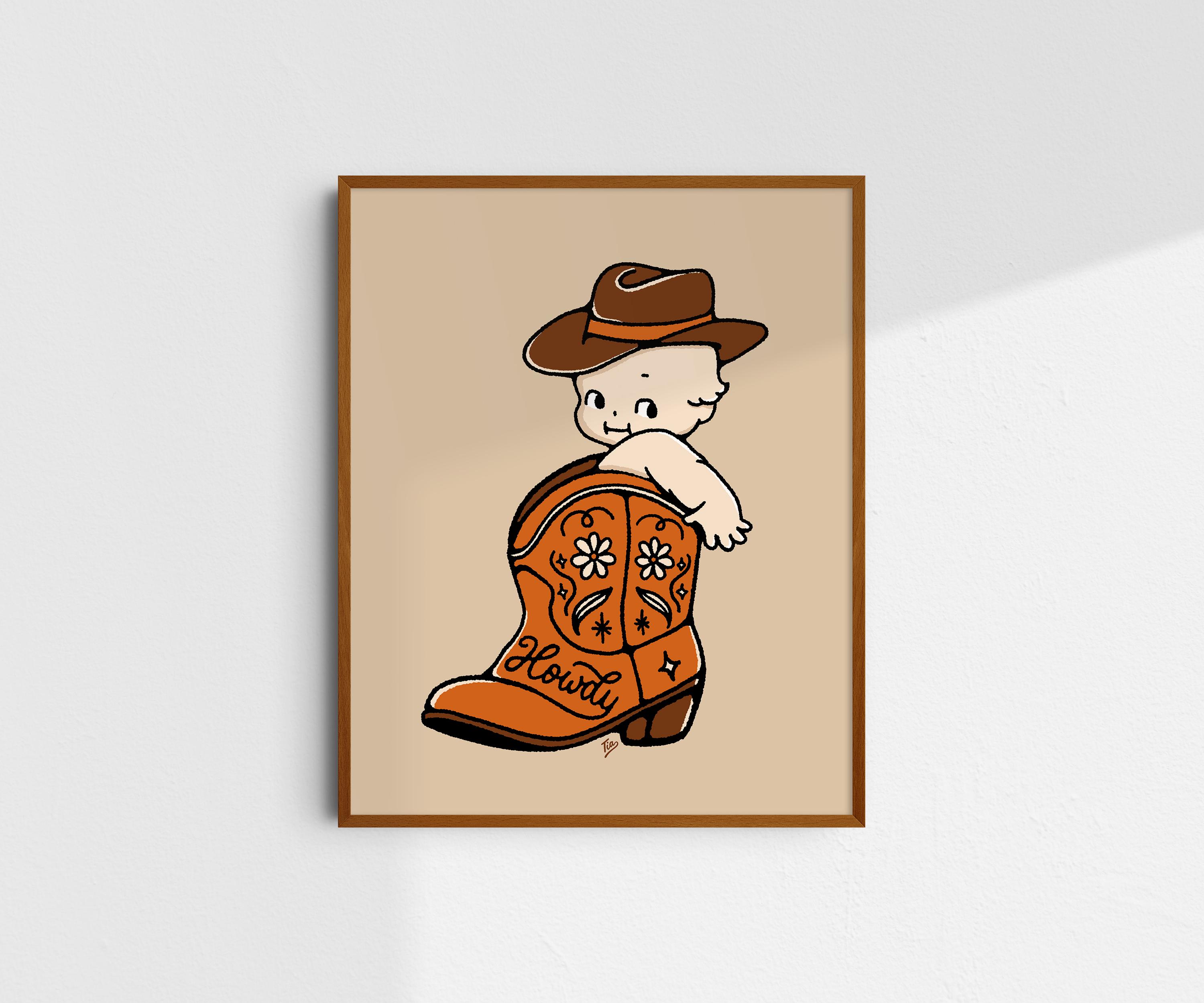 Cute Cowboy Kewpie Giclée Fine Art Print, Western Art Print, Vintage Art, Howdy Kewpie Print, Retro Wall Art Print, UNFRAMED