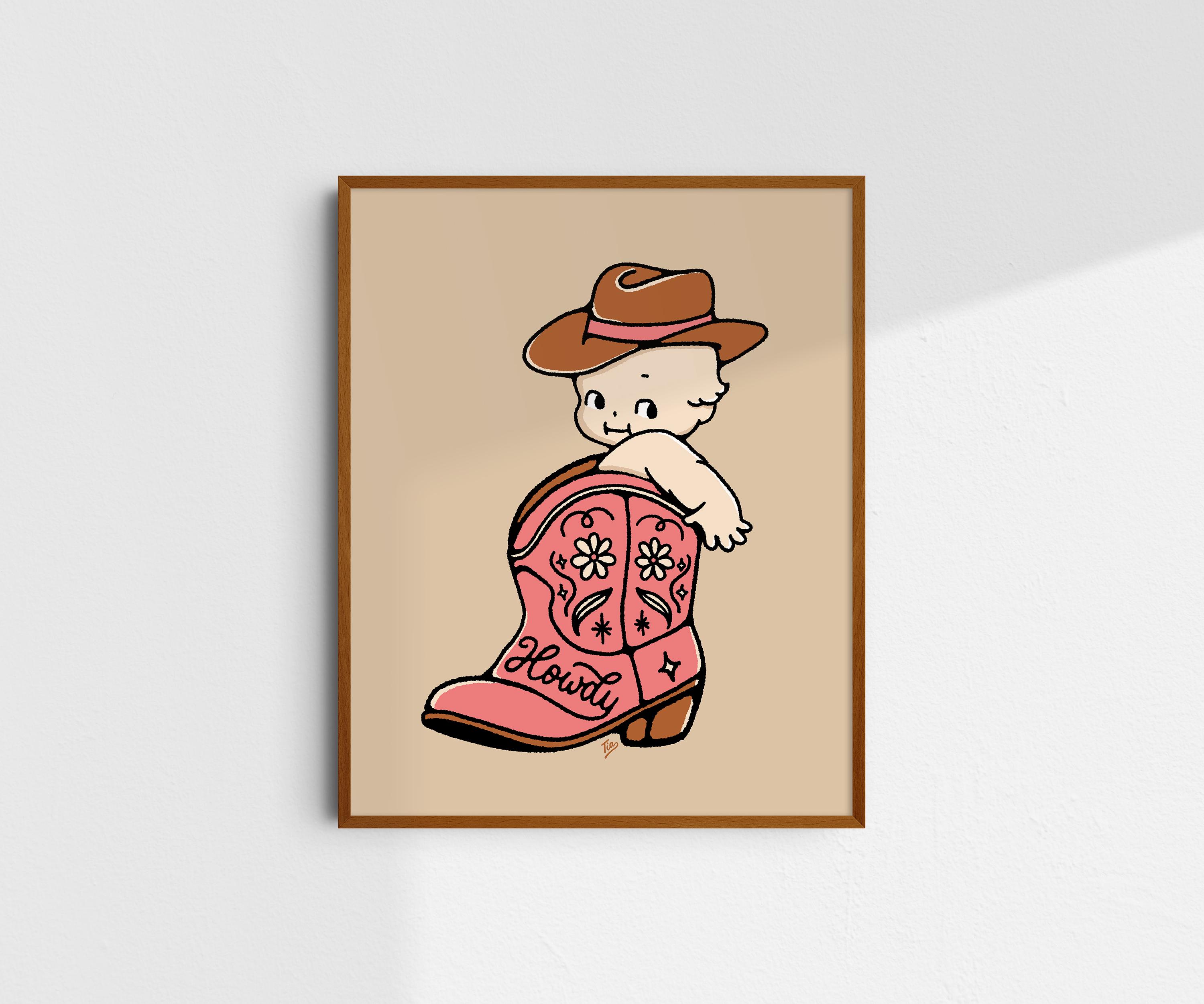 Cute Cowboy Kewpie Giclée Fine Art Print, Western Art Print, Vintage Art, Howdy Kewpie Print, Retro Wall Art Print, UNFRAMED