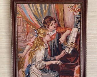 Large Vintage Renoir-Inspired Needlepoint Tapestry of Two Young Girls at the Piano - Beautifully Framed
