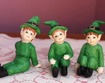 Vintage Lefton St. Patrick’s Day Set of Irish Leprechaun Pixie Elf Boys in Green - MINT