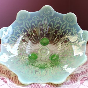 Antique Northwood "Pearl Flowers" Green Opalescent Footed Bowl