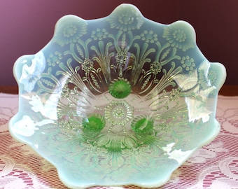 Antique Northwood "Pearl Flowers" Green Opalescent Footed Bowl