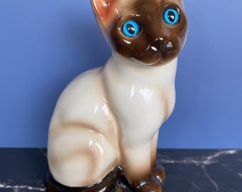 Large Vintage Siamese Cat Figurine - Fine Porcelain with Striking Blue Eyes - MINT