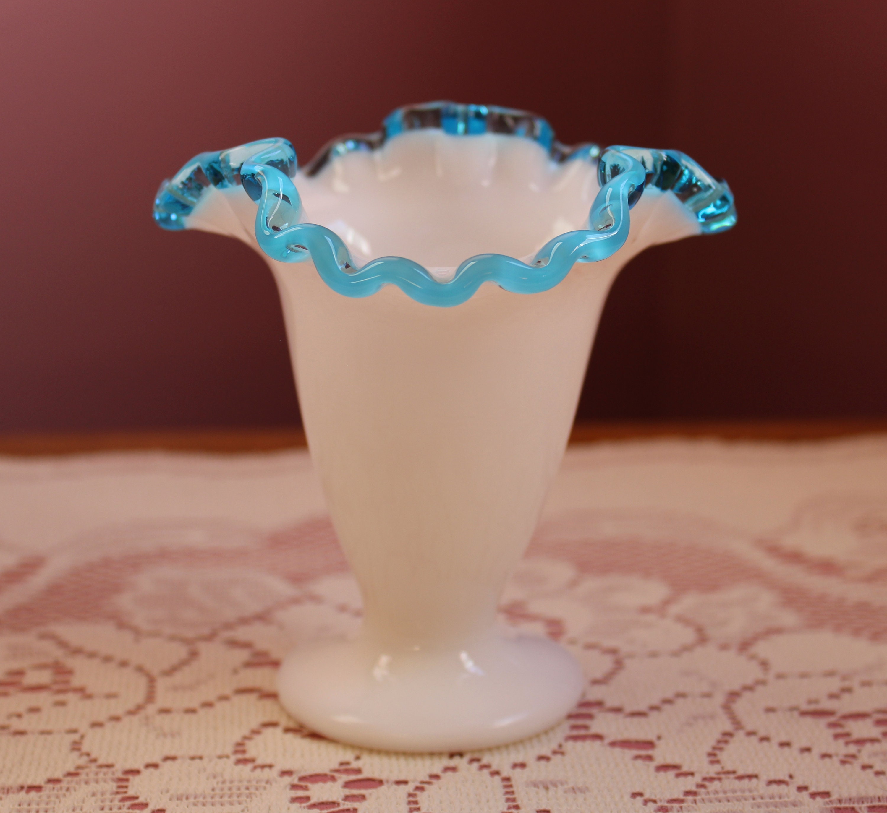 Aqua Crest 4 1/2 Fan Vase-Fenton Art Glass