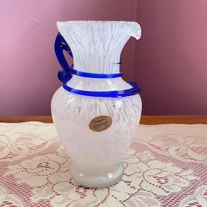 Murano Art Glass Pitcher Vase: Silvestri Cristal, Cobalt Handle, Made in Italy