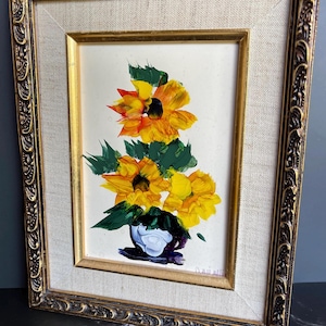 Vintage Sunflower Acrylic Painting: Gold Frame, Floral Cottage Decor (10x8 Inches)