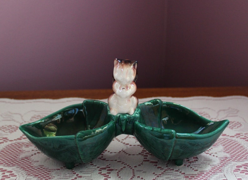 Mid Century Squirrel Two Compartment Green CandyNut Dish