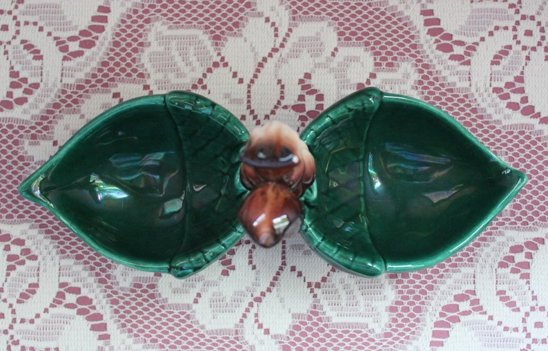Mid Century Squirrel Two Compartment Green CandyNut Dish
