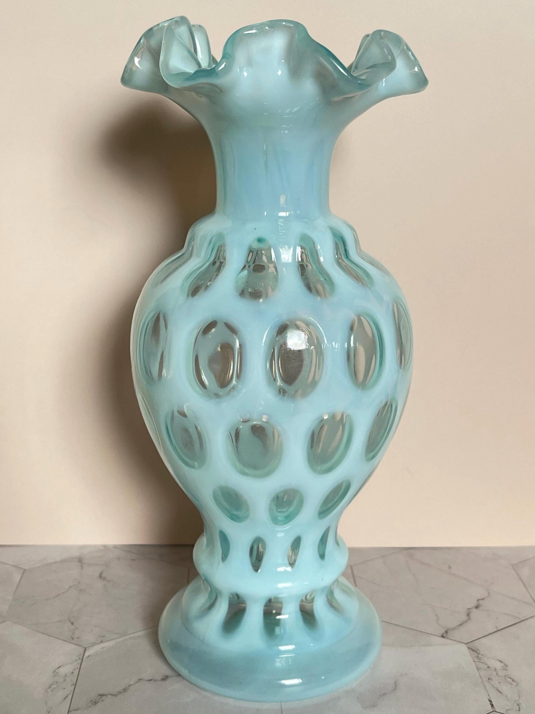 Fenton Blue Opalescent Coin Dot Vase With Ruffled Rim, 8-1/2 Inch ...