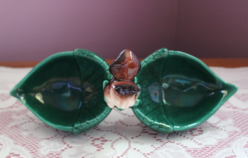 Mid Century Squirrel Two Compartment Green CandyNut Dish