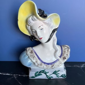 Goldscheider Lady Bust: Vintage Porcelain Figurine with Yellow Bonnet