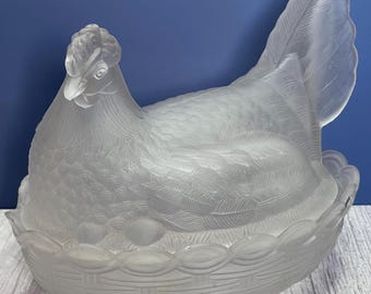 Antique Challinor Taylor Frosted Glass Hen on Nest Covered Dish - Circa 1880s