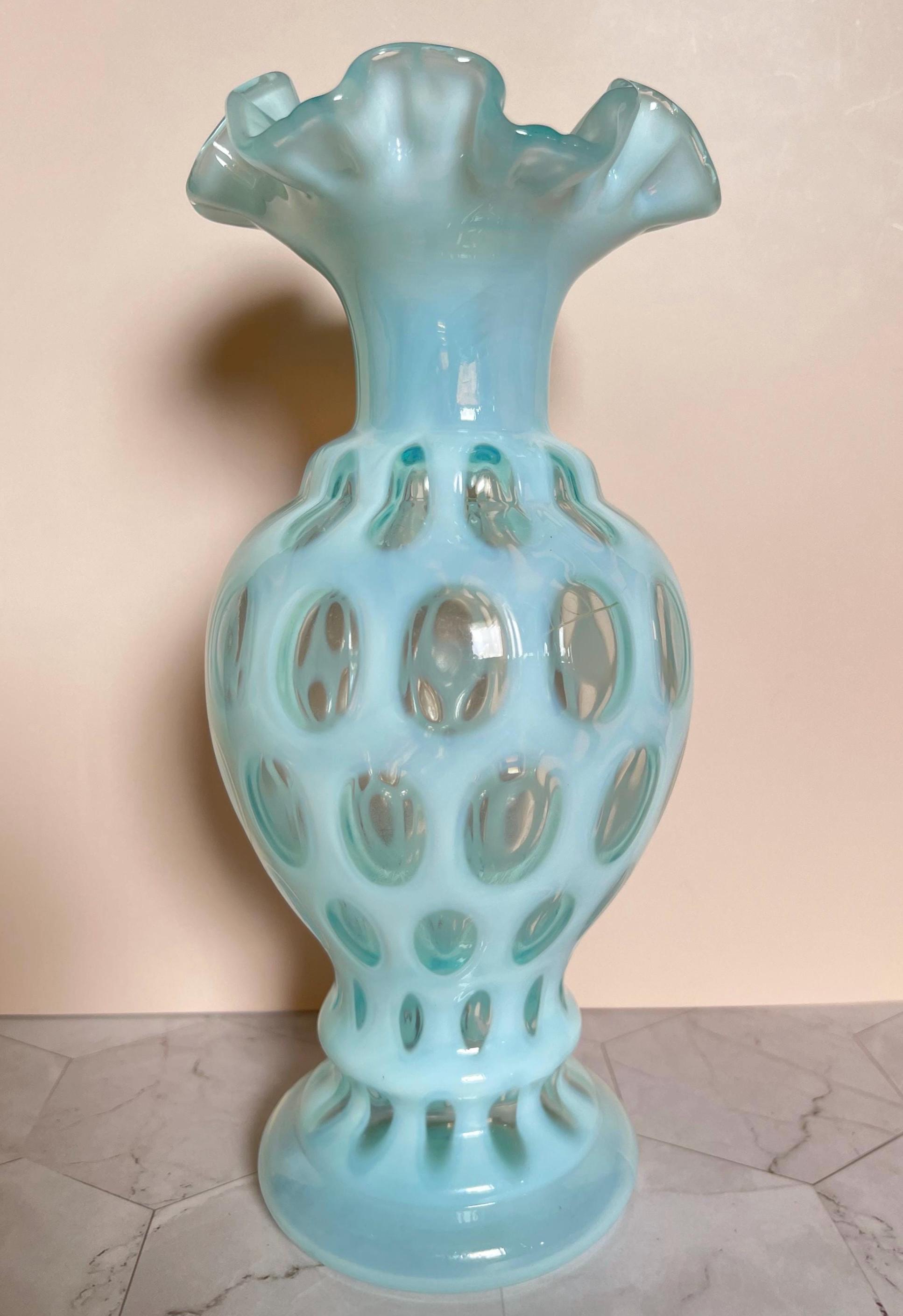 Fenton Blue Opalescent Coin Dot Vase With Ruffled Rim, 8-1/2 Inch ...