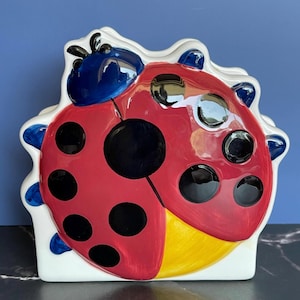 Adorable Vintage Ladybug Ceramic Napkin Holder – Red and Black Ladybug Whimsical Table Accessory