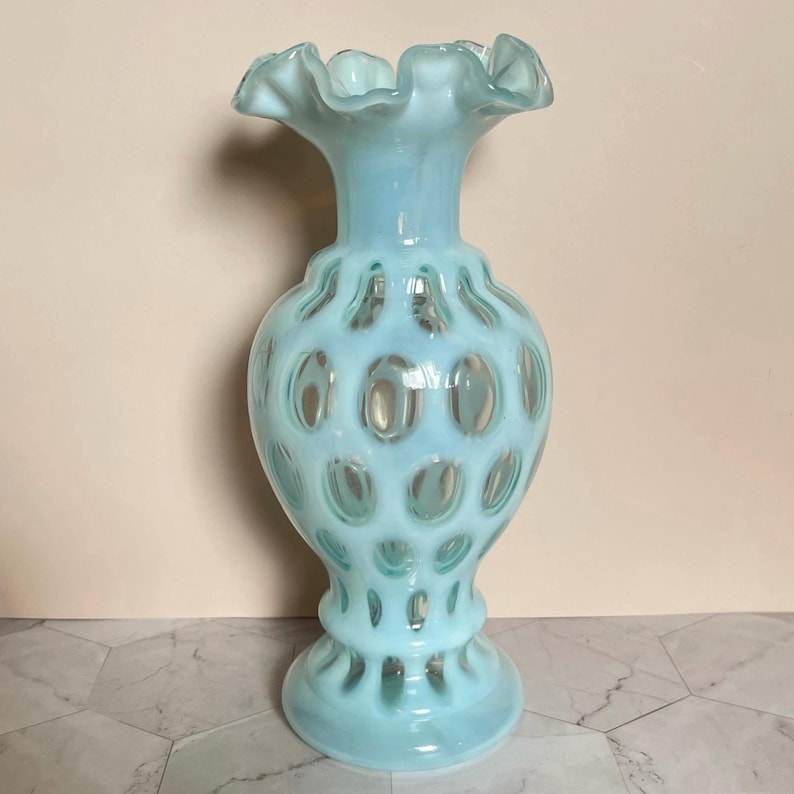 Fenton Blue Opalescent Coin Dot Vase With Ruffled Rim, 8-1/2 Inch ...